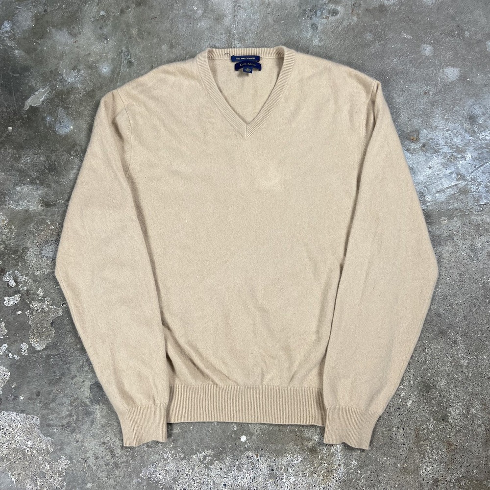 Club Room V-Neck Sweater Size Large Beige Knit Pullover 100% Fine Cashmere